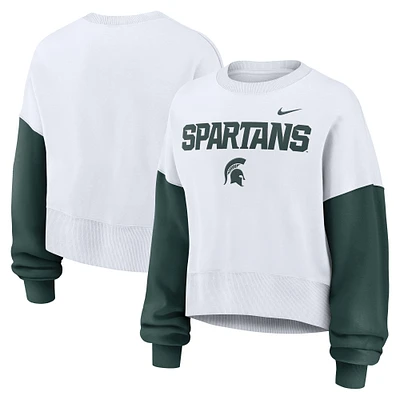 Women's Nike White Michigan State Spartans Oversized Color-Block Pullover Sweatshirt