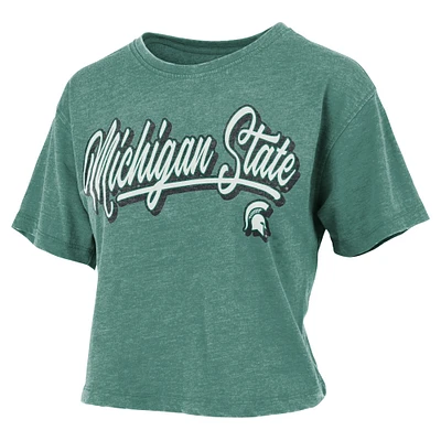 T-shirt vert Pressbox pour femmes des Spartans de l'État du Michigan avec script Harlow vintage à la taille