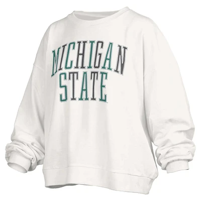 Women's Pressbox White Michigan State Spartans Janise Sequin Waist Length Oversized Pullover Sweatshirt