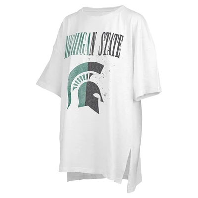 T-shirt blanc surdimensionné à fente Lickety-Split des Spartans de l'État du Michigan Pressbox pour femmes