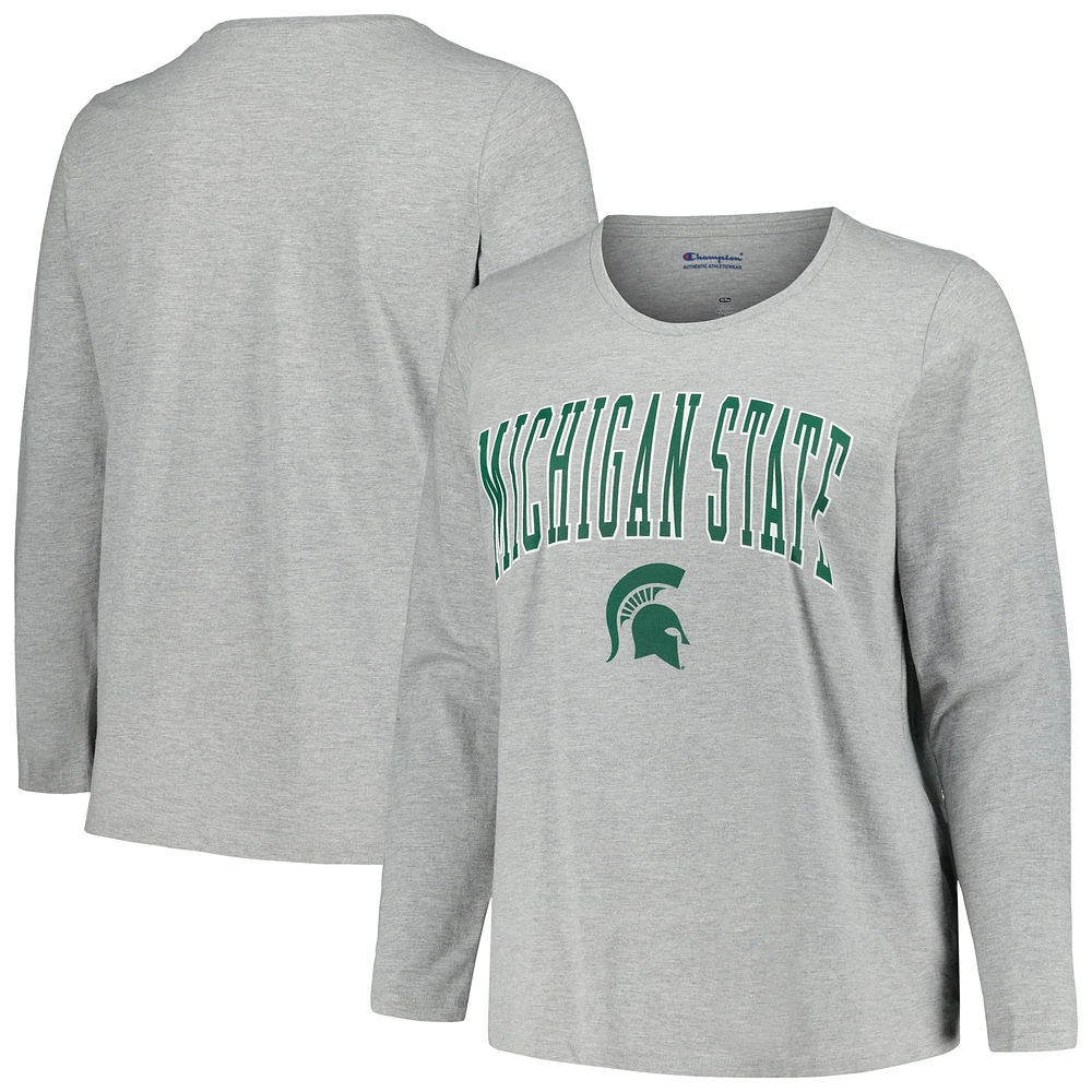 T-shirt à manches longues et col rond pour femme, gris chiné, Michigan State Spartans, grande taille, avec logo arqué