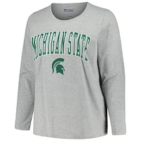 T-shirt à manches longues et col rond pour femme, gris chiné, Michigan State Spartans, grande taille, avec logo arqué