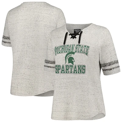 T-shirt rayé à lacets et col en V pour femmes, gris chiné, Michigan State Spartans, grande taille