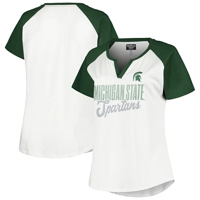 Women's Profile White/Green Michigan State Spartans Plus Best Squad Shimmer Raglan Notch Neck T-Shirt