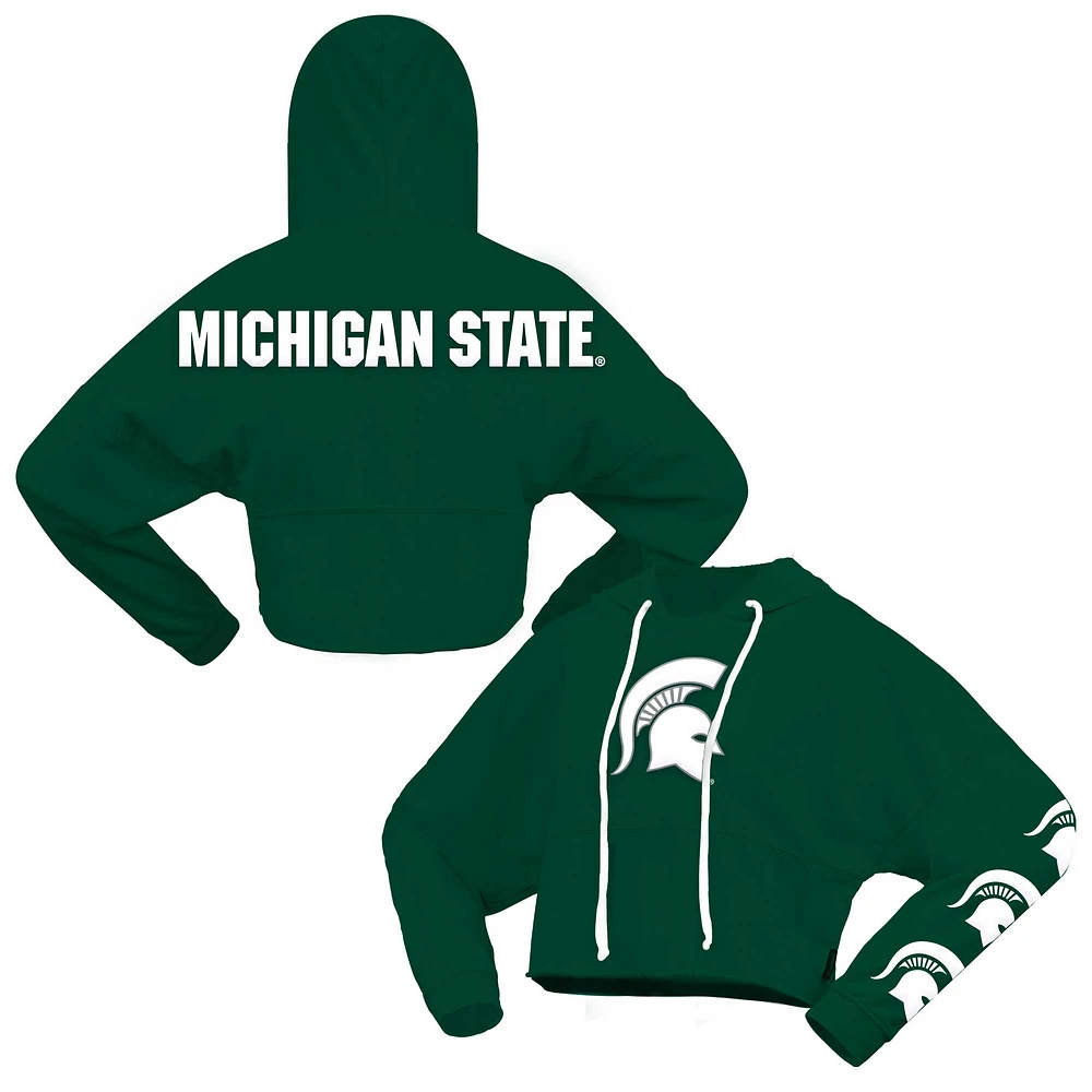 Women's Spirit Jersey Green Michigan State Spartans Oversized Cropped Pullover Hoodie