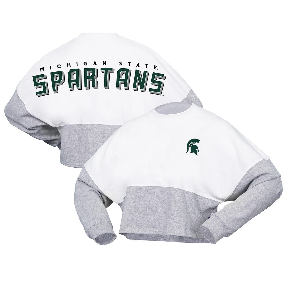 Women's Spirit Jersey  White Michigan State Spartans Heather Block Cropped Long Sleeve T-Shirt