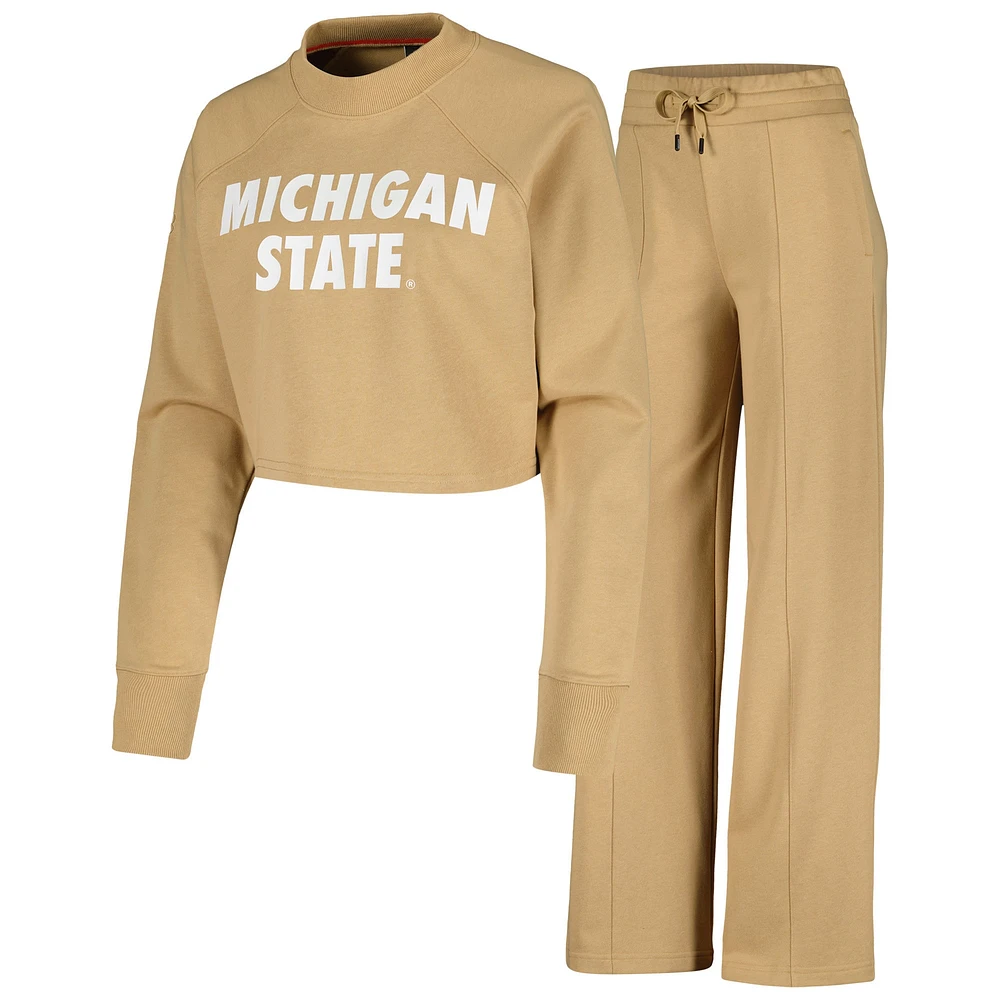 Women's Tan Michigan State Spartans Raglan Cropped Sweatshirt & Sweatpants Set