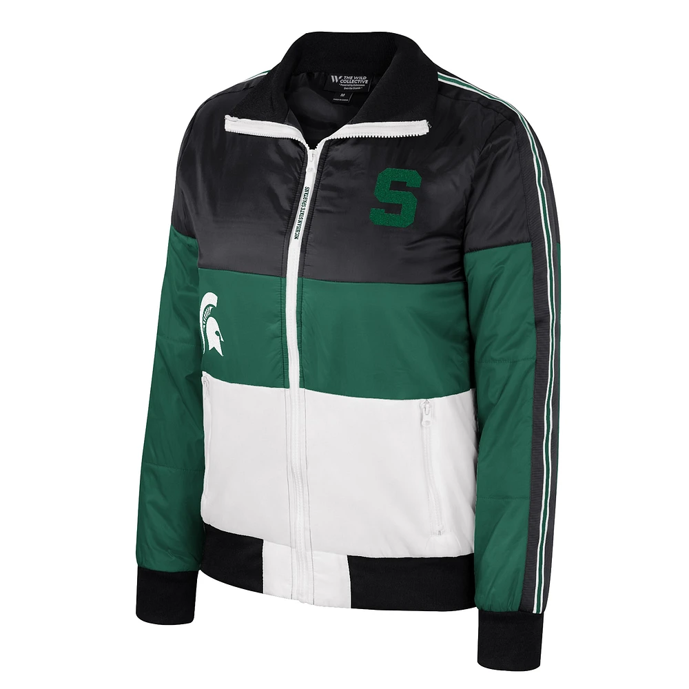 Women's The Wild Collective  Green Michigan State Spartans Color-Block Puffer Full-Zip Jacket