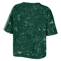 Women's WEAR by Erin Andrews Green Michigan State Spartans Bleach Wash Splatter Cropped Notch Neck T-Shirt