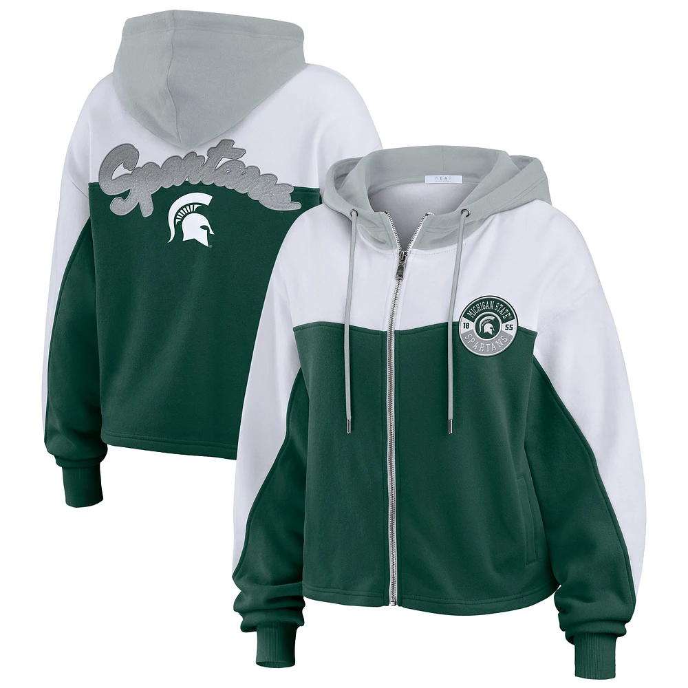 Women's WEAR by Erin Andrews Green Michigan State Spartans Color-Block Full-Zip Hoodie