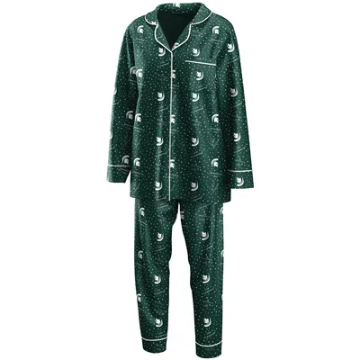 Michigan State Spartans WEAR by Erin Andrews Women's Long Sleeve Button-Up Shirt & Pants Sleep Set - Green