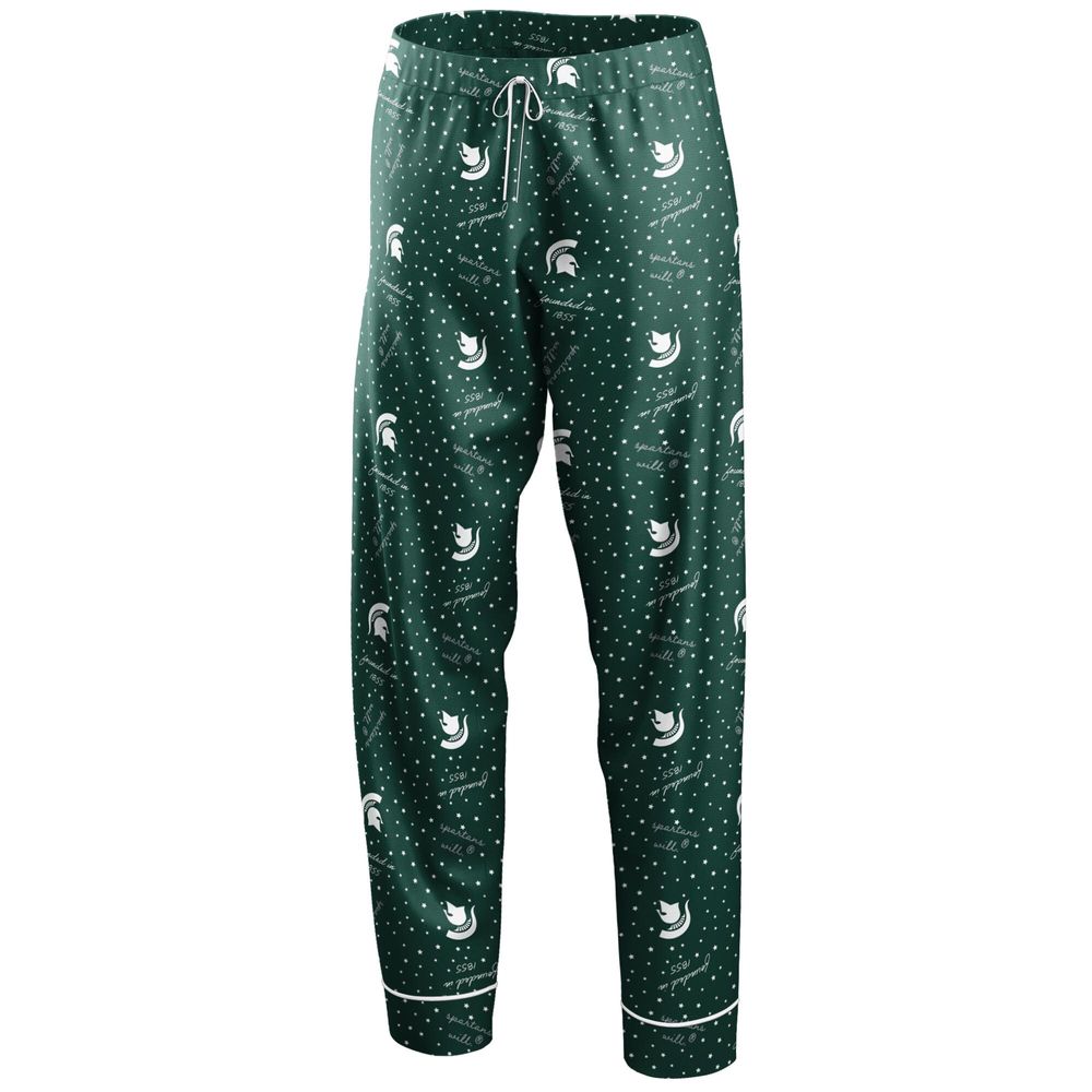 Women's WEAR by Erin Andrews Green Michigan State Spartans Long Sleeve Button-Up Shirt & Pants Sleep Set