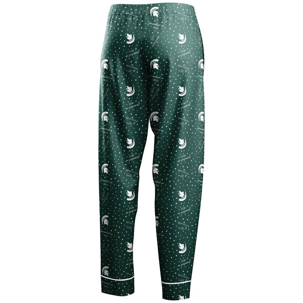 Women's WEAR by Erin Andrews Green Michigan State Spartans Long Sleeve Button-Up Shirt & Pants Sleep Set