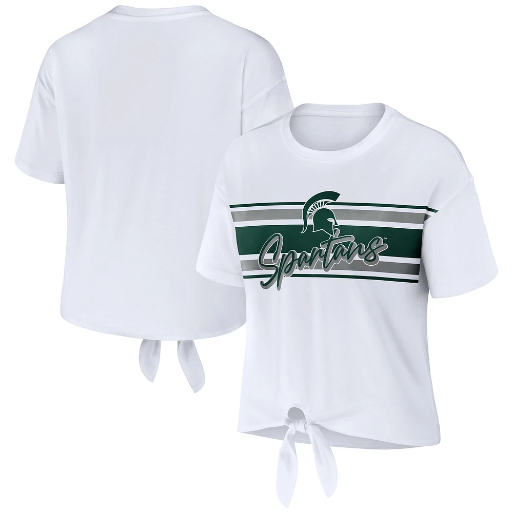 Women's WEAR by Erin Andrews - T-shirt court à rayures et nœud sur le devant avec motif Spartans de l'État du Michigan, blanc