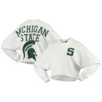 Women's White Michigan State Spartans Raw Hem Cropped Spirit Jersey Long Sleeve T-Shirt