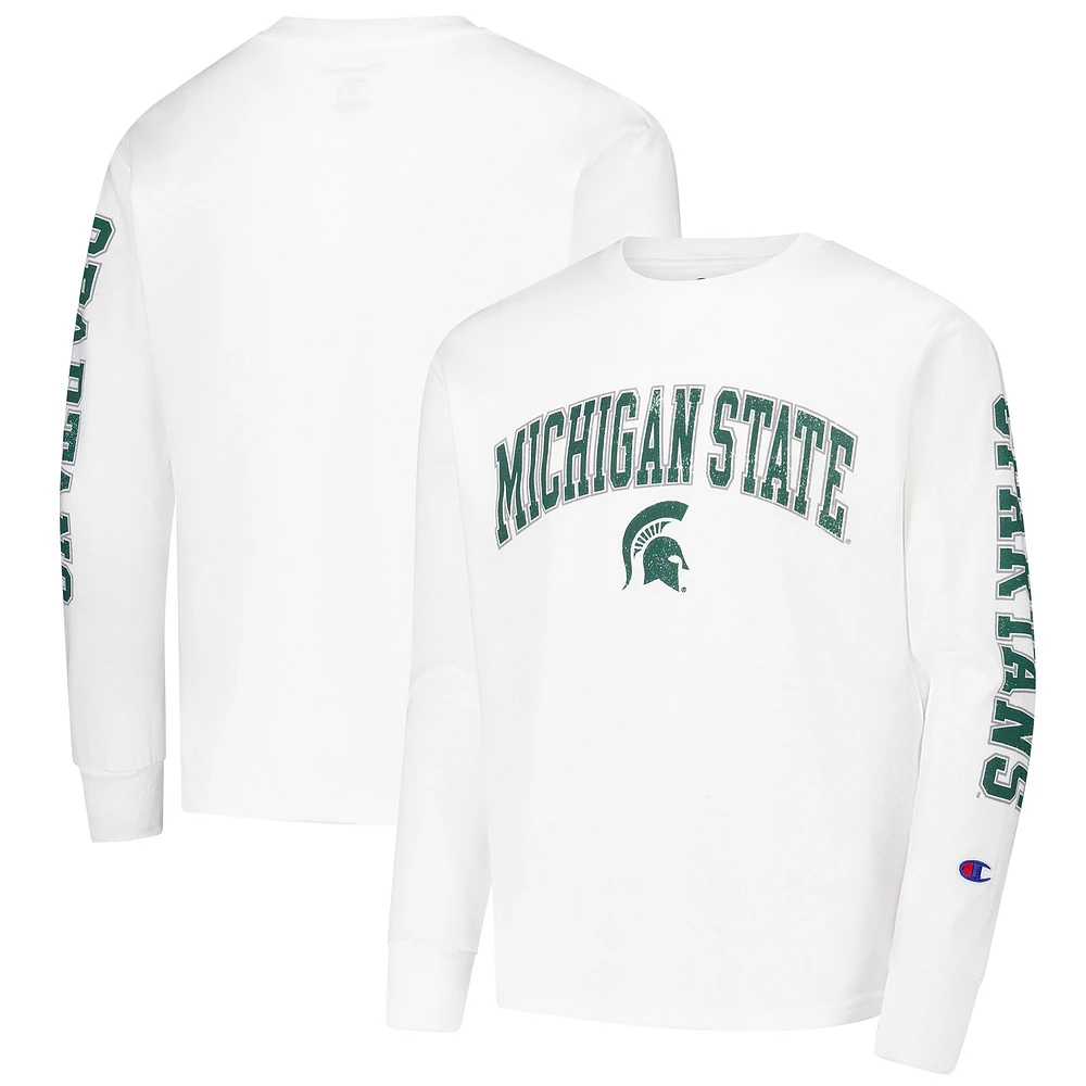 T-shirt à manches longues blanc avec logo vieilli Michigan State Spartans Champion des jeunes