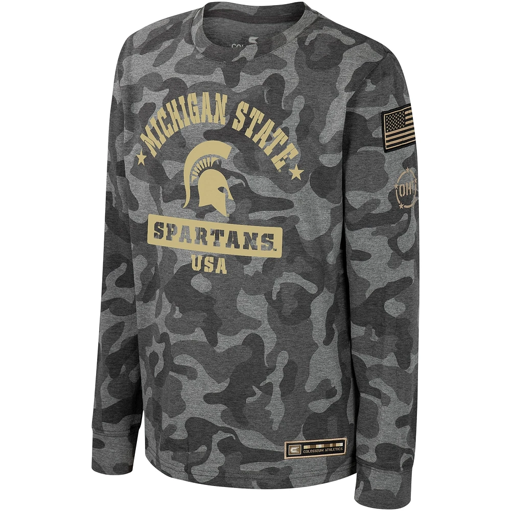 T-shirt à manches longues pour jeunes Colosseum Camo Michigan State Spartans OHT Appréciation militaire Dark Star