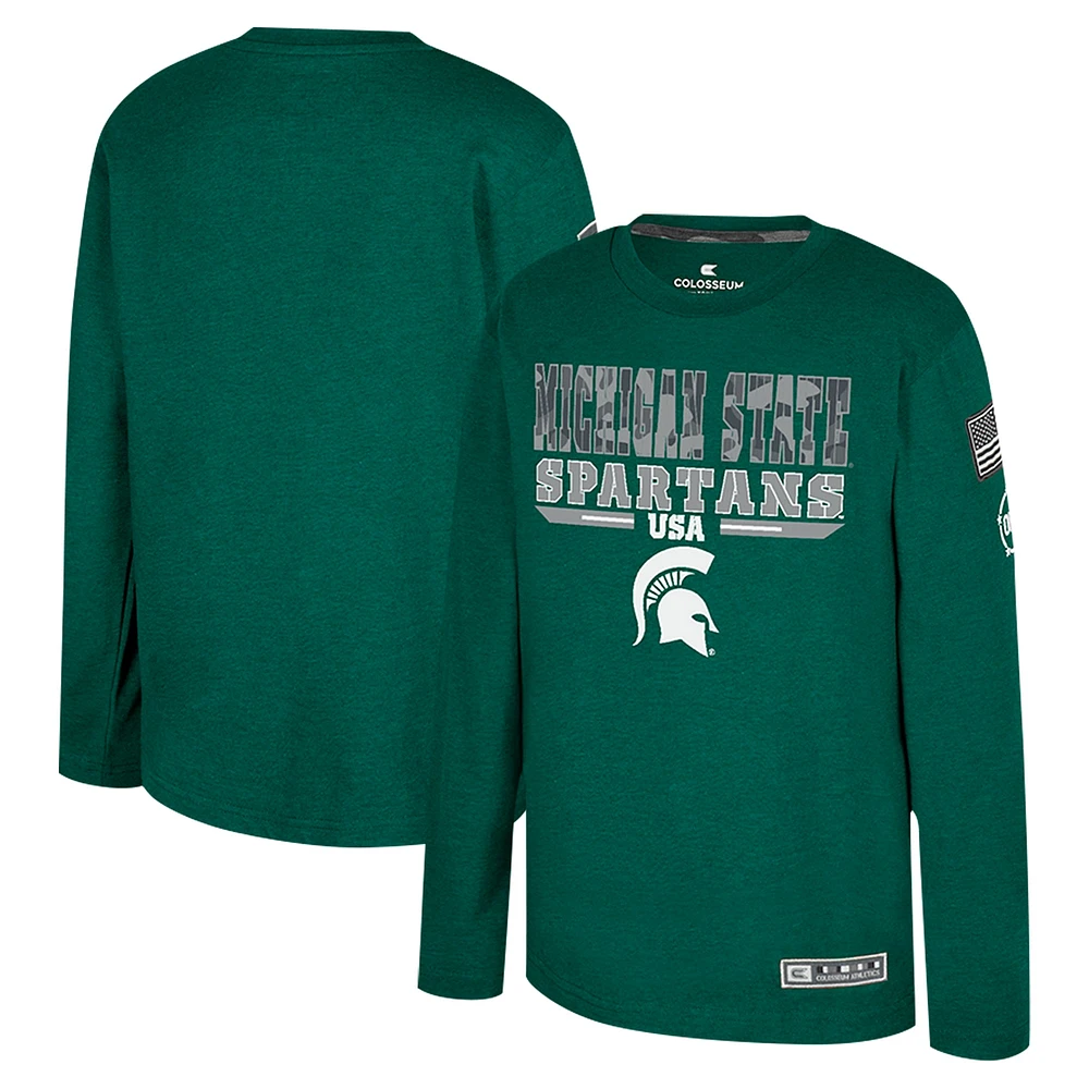 T-shirt à manches longues Oorah d'appréciation militaire OHT du Michigan State Spartans Heather Green Youth Colosseum