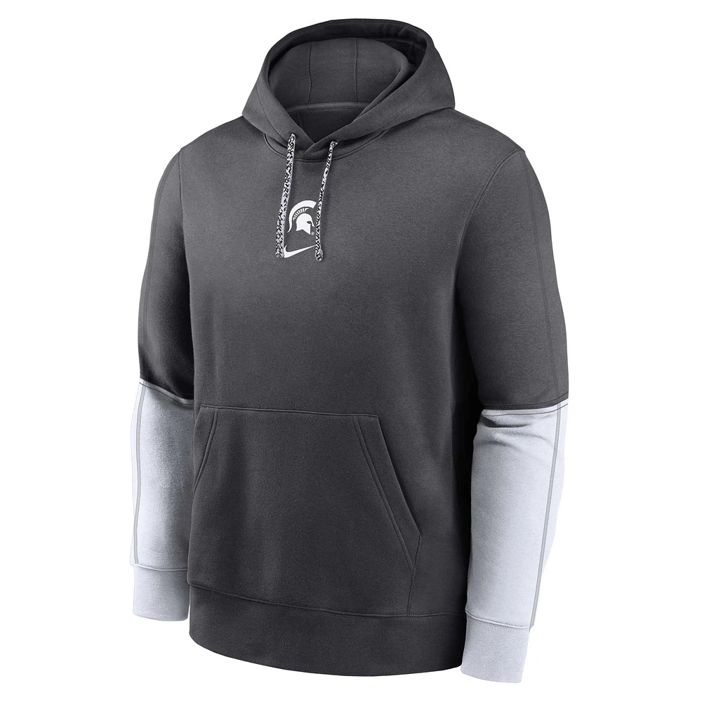 Sweat à capuche en polaire blocs de couleurs pour jeunes Nike Michigan State Spartans 2024 Sideline Club Charcoal