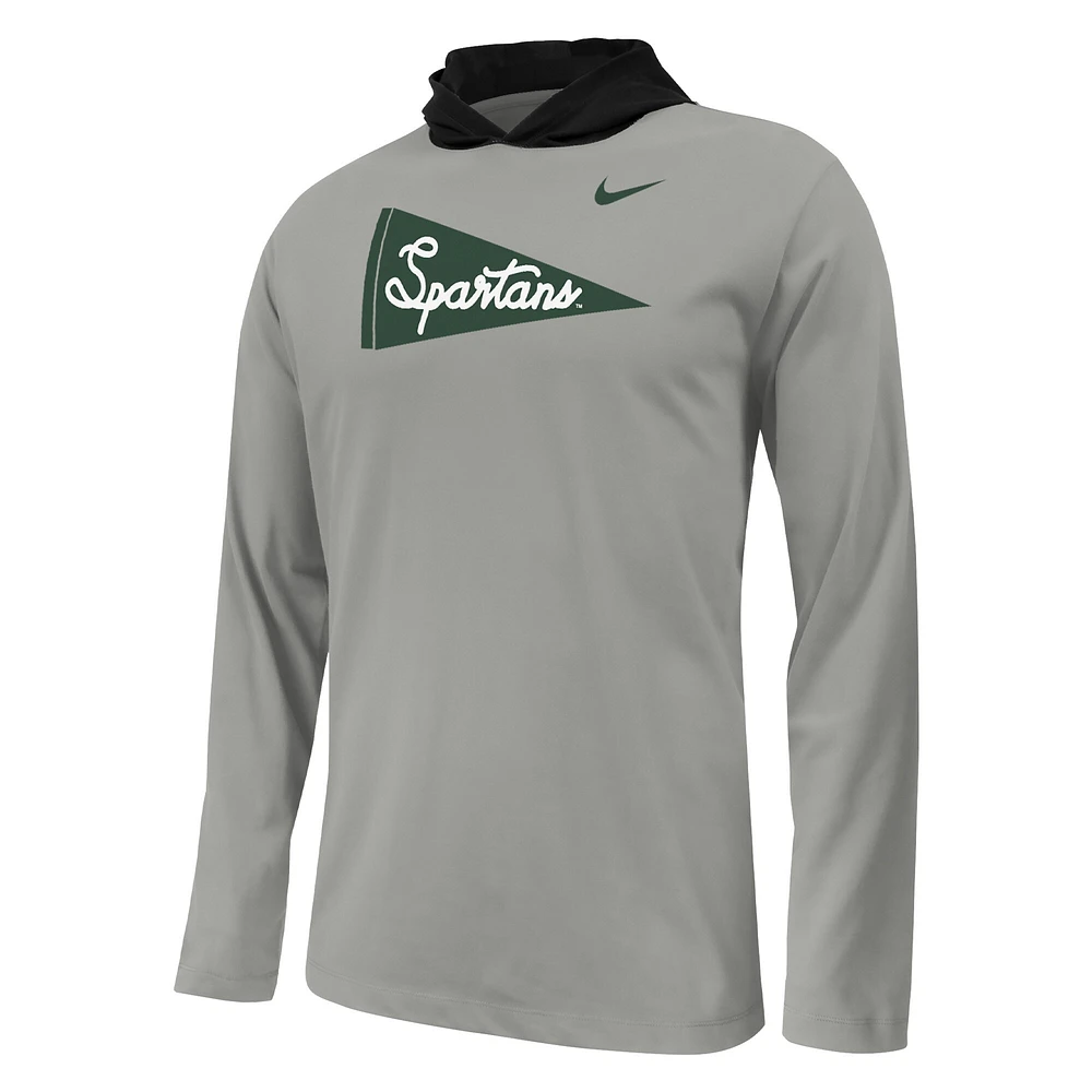 Youth Nike Gray Michigan State Spartans Sideline Performance Long Sleeve Hoodie T-Shirt