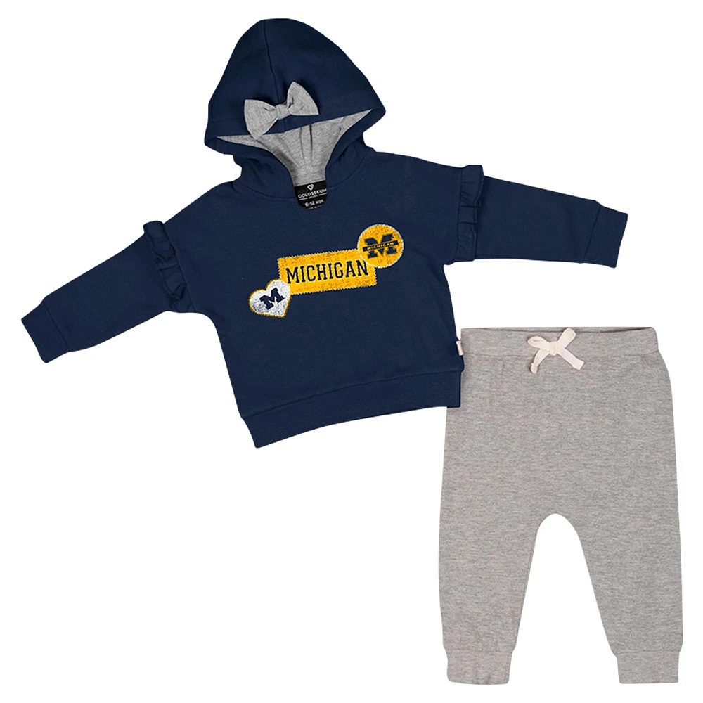 Ensemble sweat à capuche et pantalon en polaire pour bébé fille Colosseum Navy Michigan Wolverines Patches