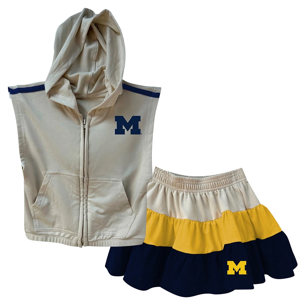 Ensemble sweat à capuche zippé sans manches et jupe volants pour filles Wes & Willy Tan Michigan Wolverines