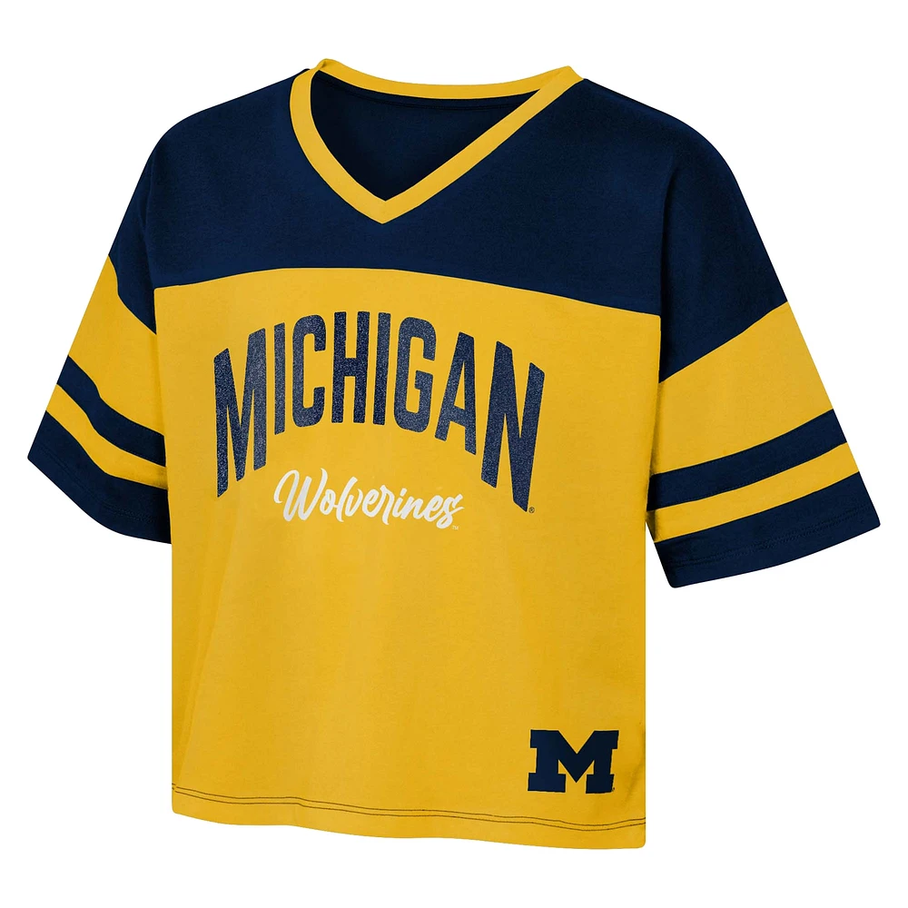 Girls Youth Navy Michigan Wolverines The Playmaker Sleeve Stripe V-Neck Jersey T-Shirt