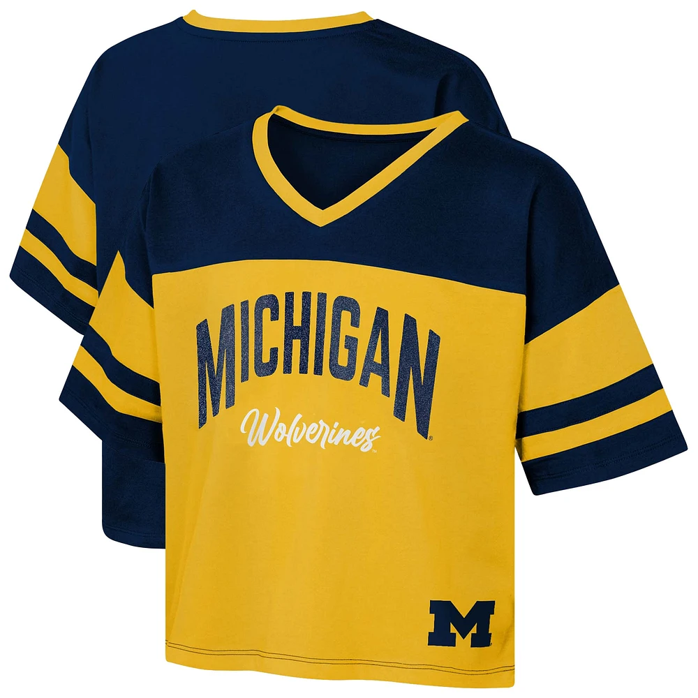 Girls Youth Navy Michigan Wolverines The Playmaker Sleeve Stripe V-Neck Jersey T-Shirt