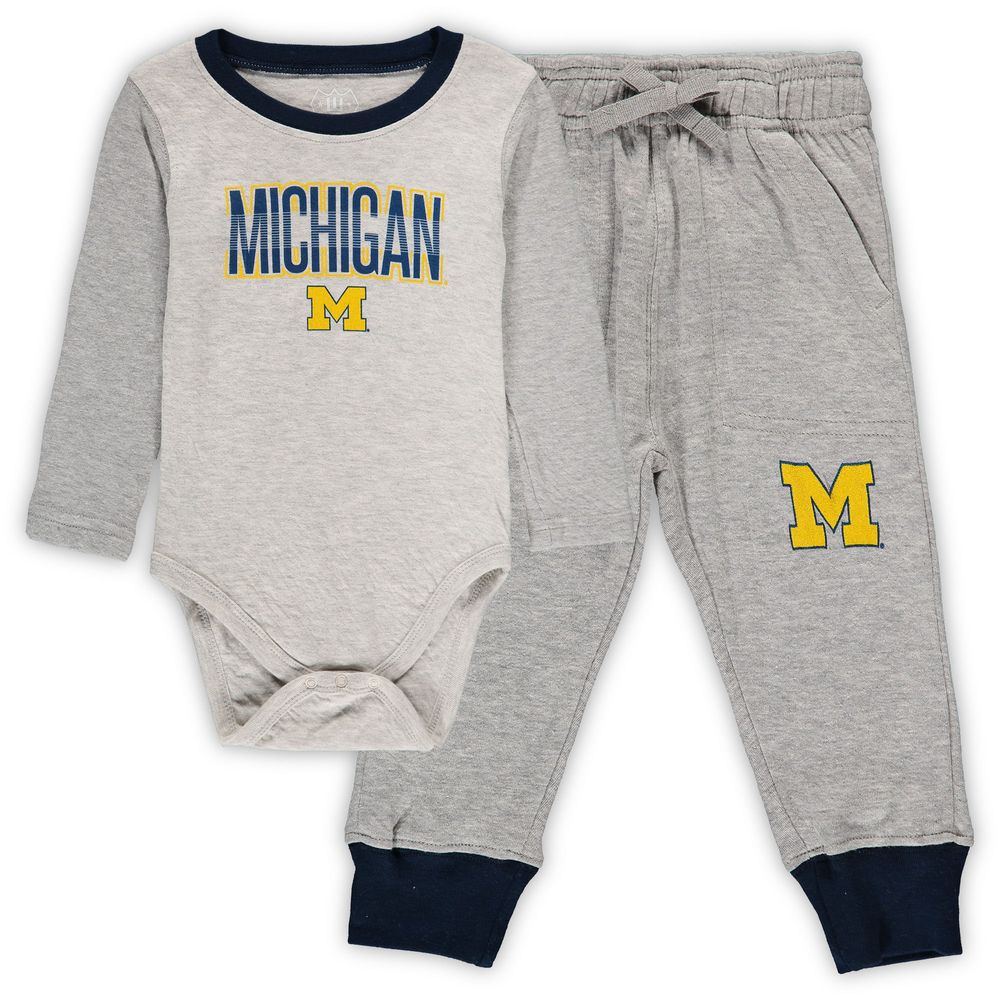 Infant Wes & Willy Heathered Gray/Navy Michigan Wolverines Jie Long Sleeve Bodysuit Pants Set