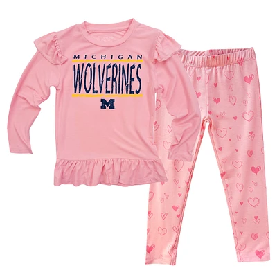 Infant Wes & Willy Pink Michigan Wolverines Heart Print Ruffle Long Sleeve T-Shirt and Pants Sleep Set