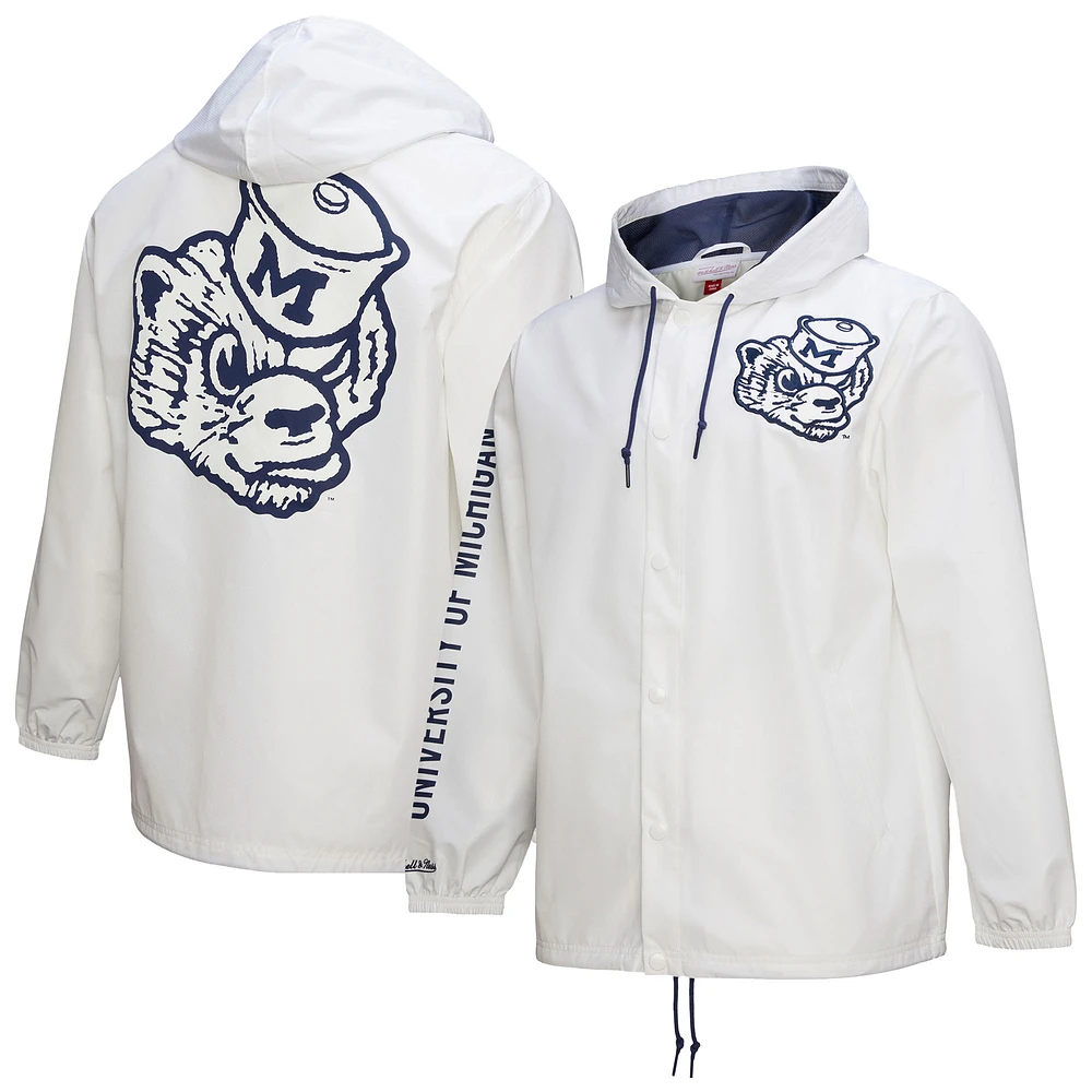 Men's Mitchell & Ness White Michigan Wolverines Coaches Full-Snap Hoodie Jacket