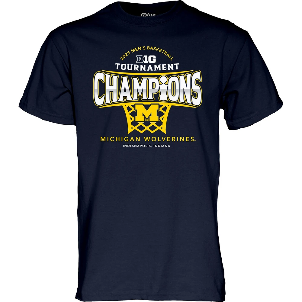 T-shirt bleu marine 84 Michigan Wolverines 2025, champions du tournoi de basketball masculin Big Ten, vestiaire
