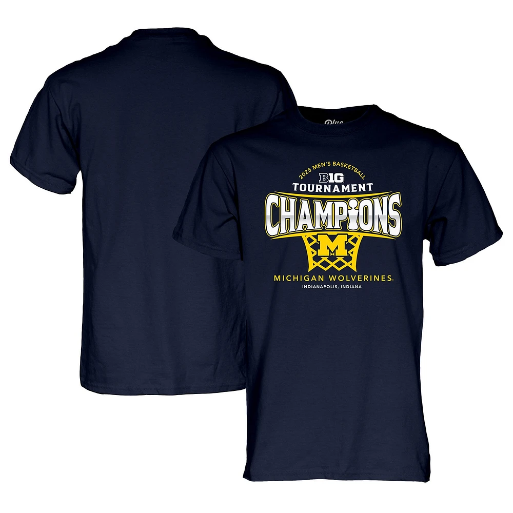 T-shirt bleu marine 84 Michigan Wolverines 2025, champions du tournoi de basketball masculin Big Ten, vestiaire