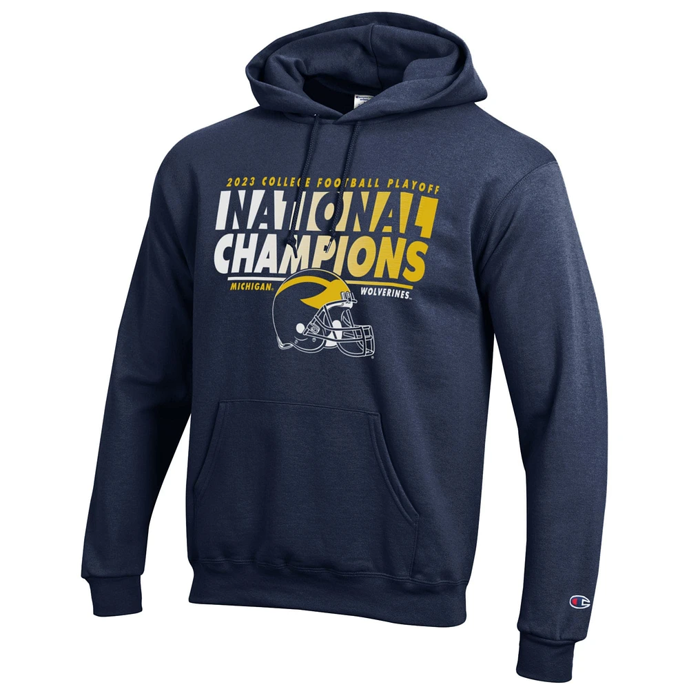 Men's Champion Navy Michigan Wolverines College Football Playoff 2023 National Champions Helmet Pullover Hoodie