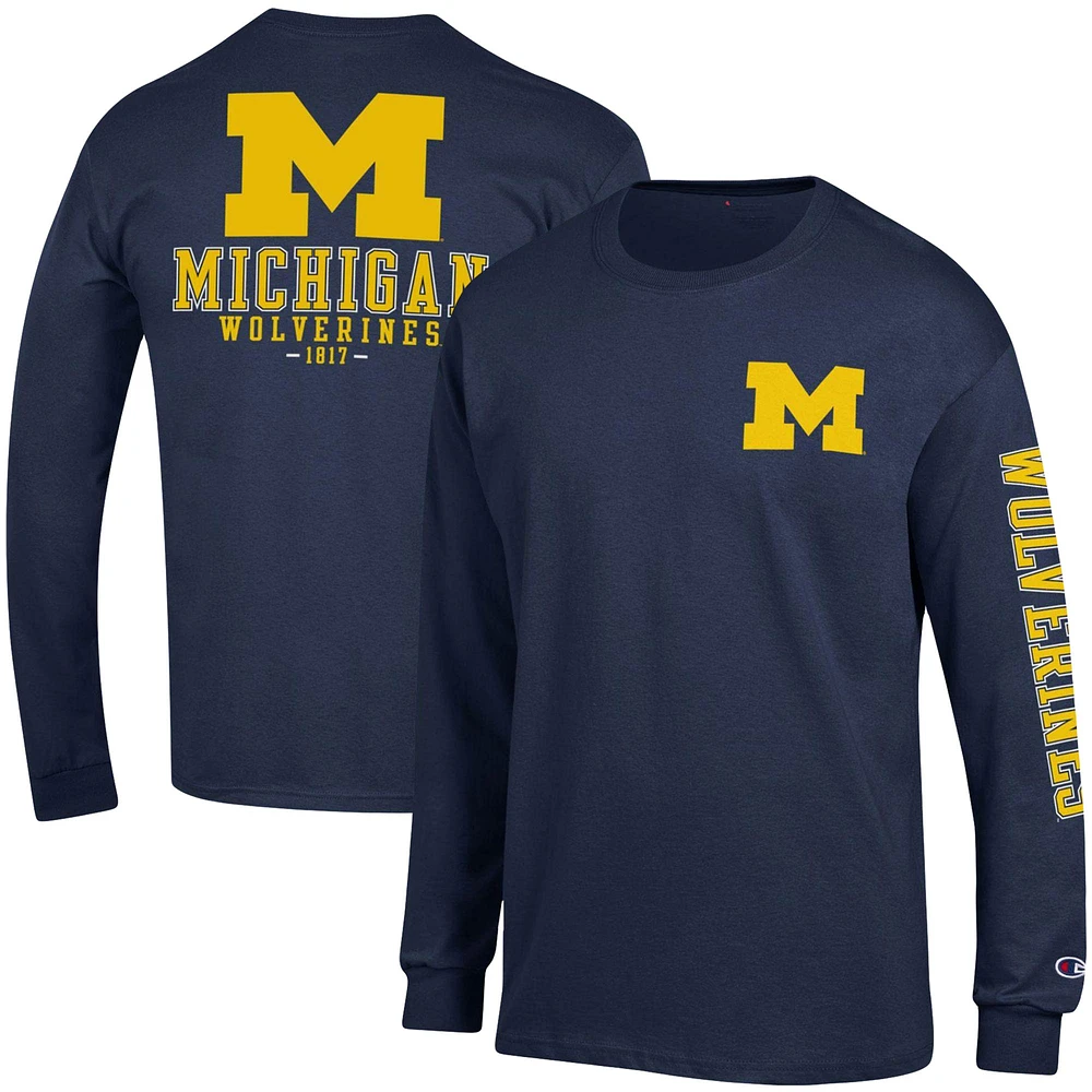 Men's Champion Navy Michigan Wolverines Team Stack Long Sleeve T-Shirt