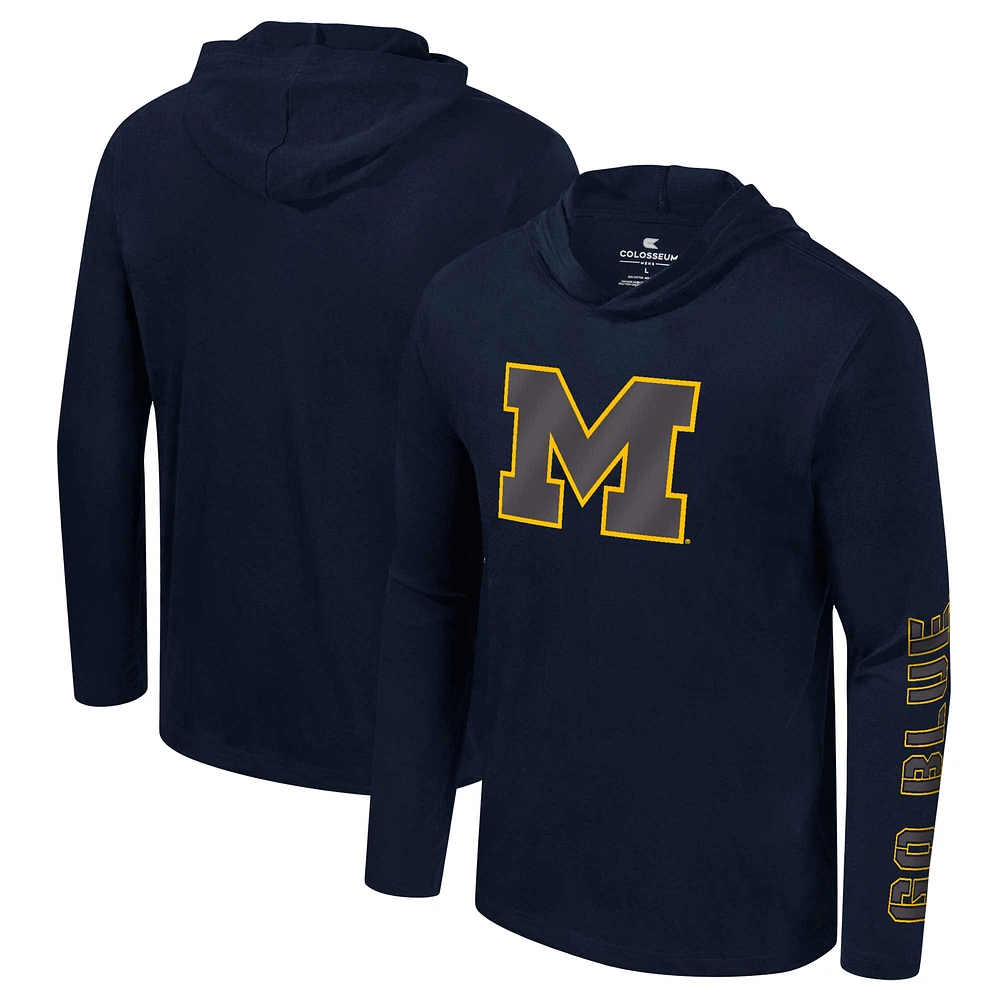 Men's Colosseum Navy Michigan Wolverines Color Pop Active Blend 2-Hit Long Sleeve Hooded T-Shirt