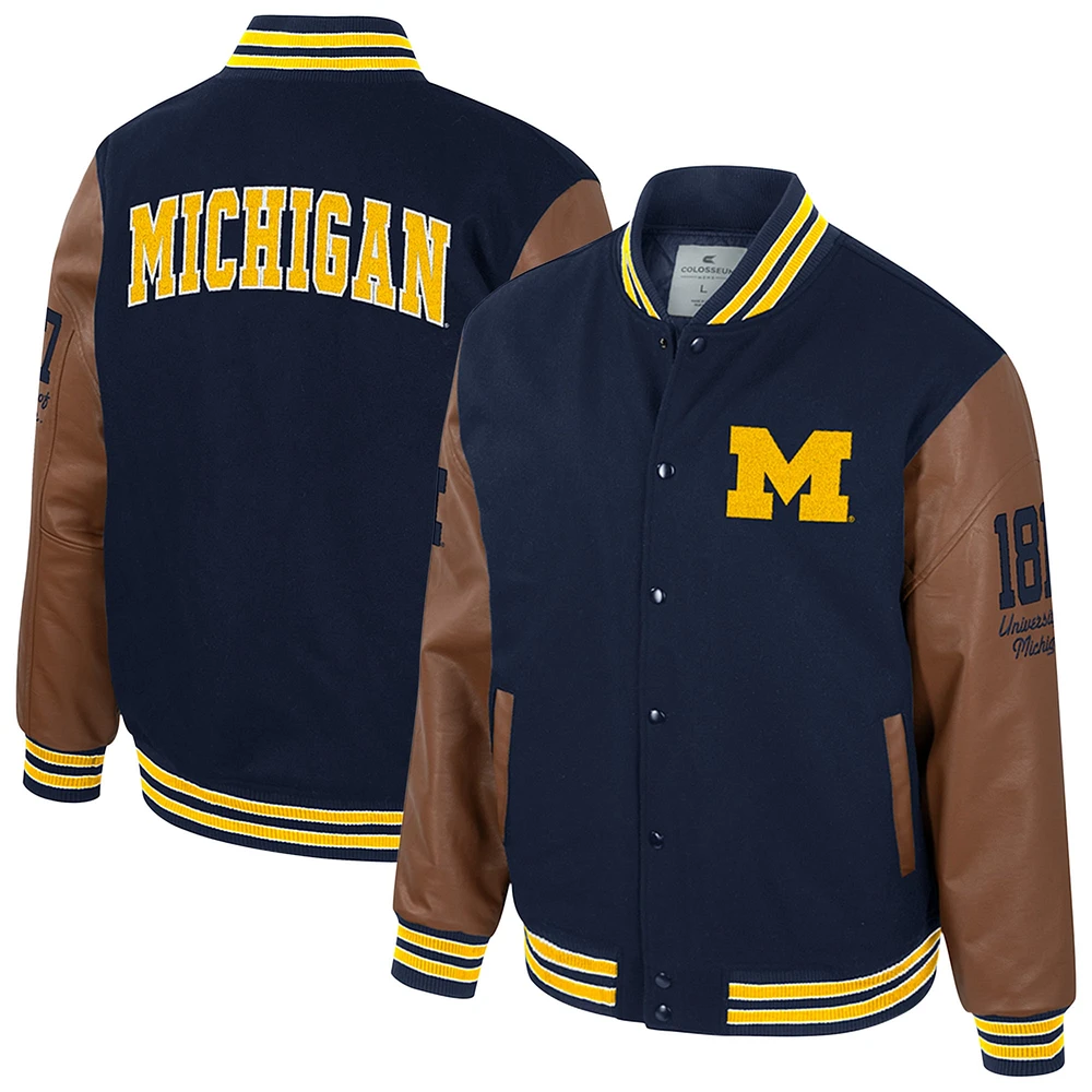 Veste universitaire à boutons-pression Letterman pour homme, bleu marine, Michigan Wolverines