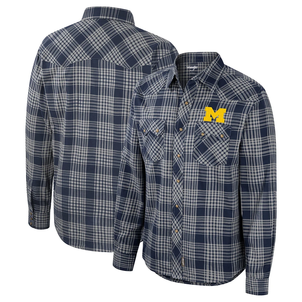 Men's Colosseum x Wrangler  Navy Michigan Wolverines Plaid Western Long Sleeve Full-Snap Shirt