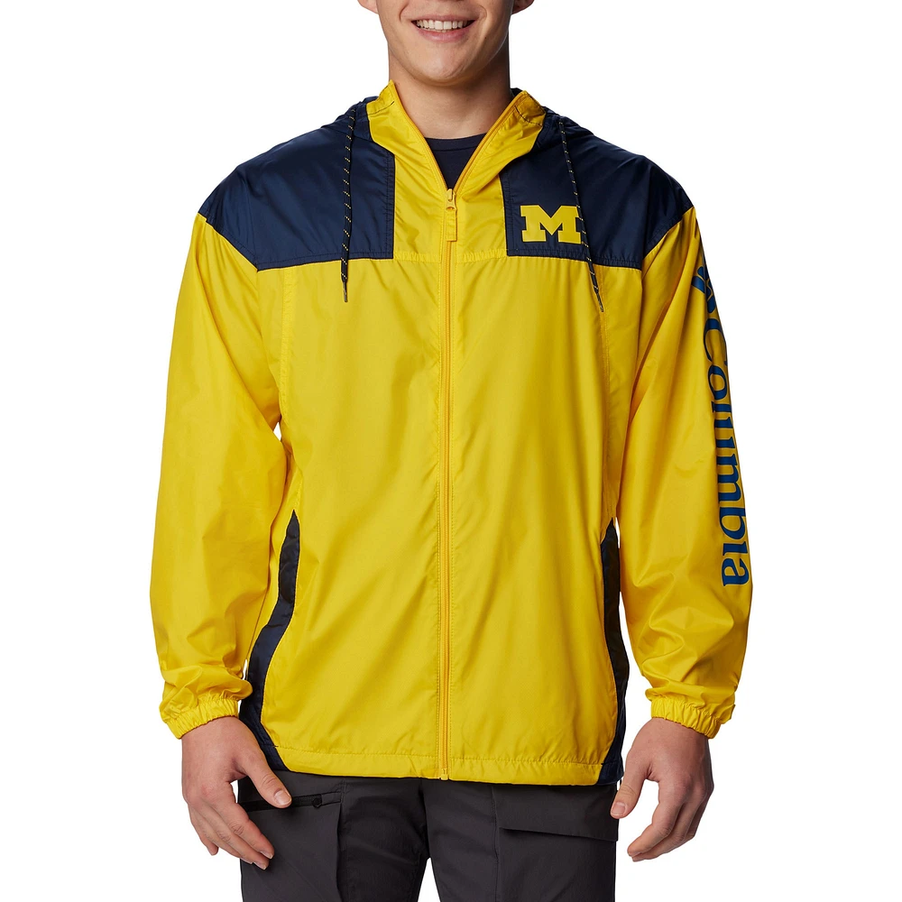 Veste à capuche coupe-vent entièrement zippée Columbia Maize Michigan Wolverines Flash Challenger Omni-Shade pour hommes