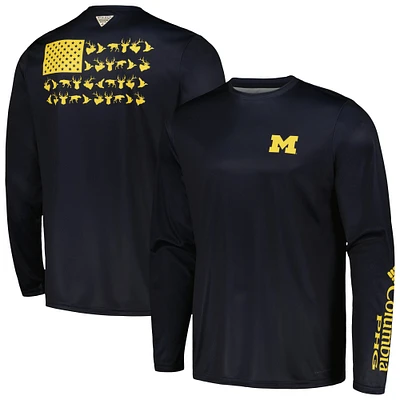 T-shirt à manches longues Columbia Navy Michigan Wolverines Terminal Shot Omni-Shade pour homme