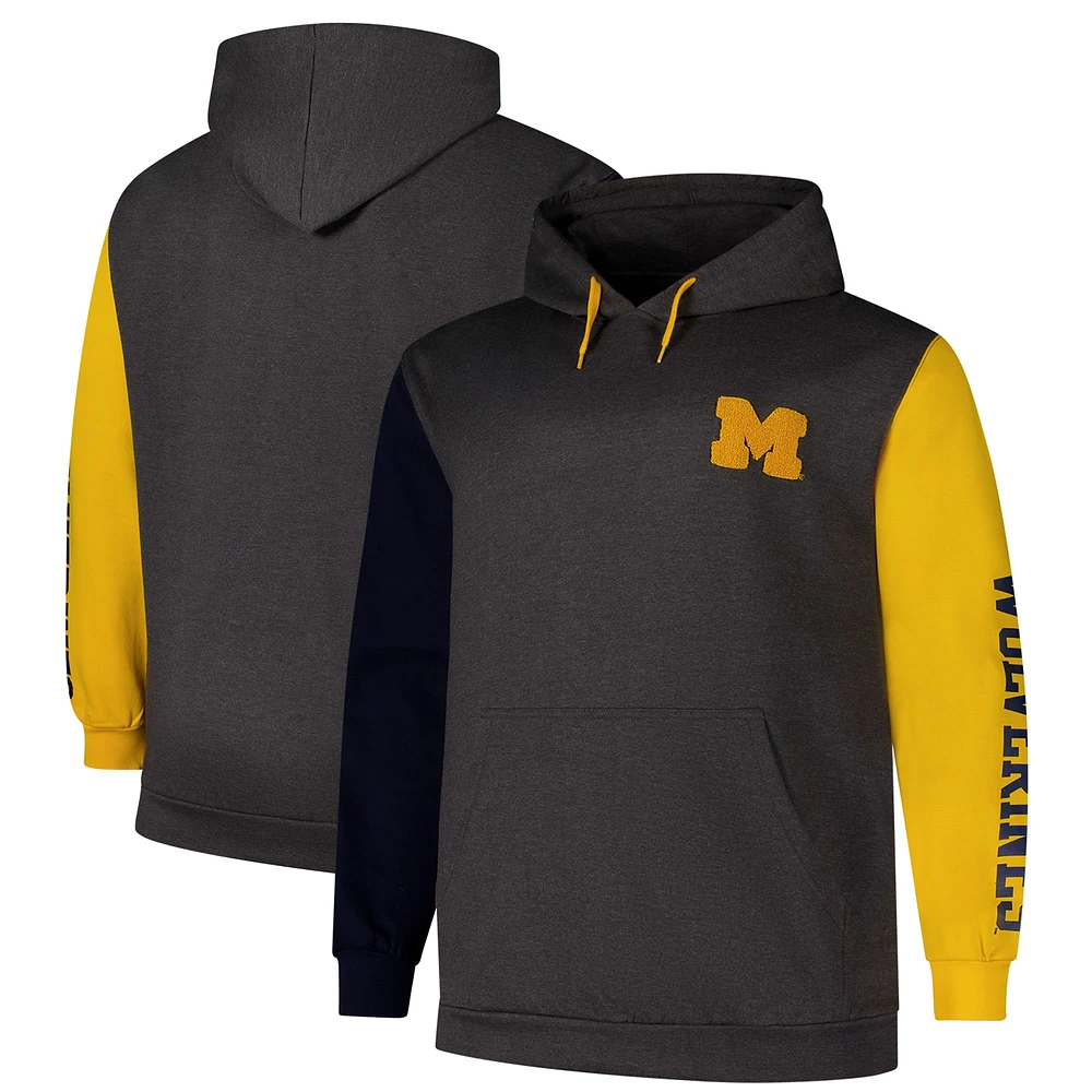 Men's Fanatics Charcoal Michigan Wolverines Big & Tall Contrast Sleeves Pullover Hoodie