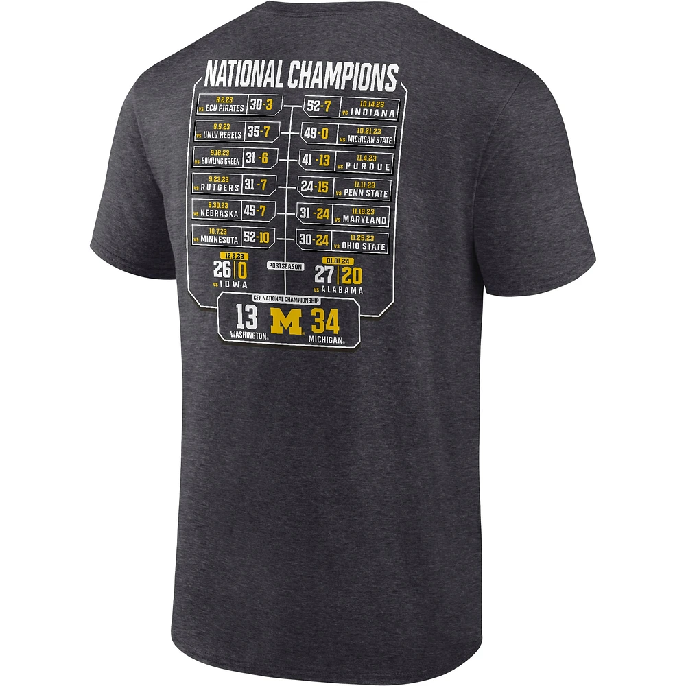 Men's Fanatics Heather Charcoal Michigan Wolverines College Football Playoff 2023 National Champions Schedule T-Shirt