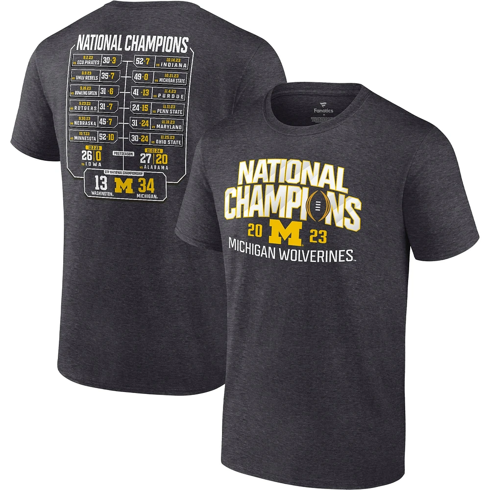 Men's Fanatics Heather Charcoal Michigan Wolverines College Football Playoff 2023 National Champions Schedule T-Shirt