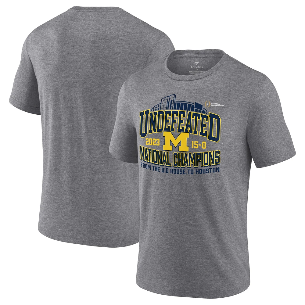 Fanatics pour hommes Heather Grey Michigan Wolverines College Football Playoff 2023 Champions nationaux ville natale T-shirt triple mélange