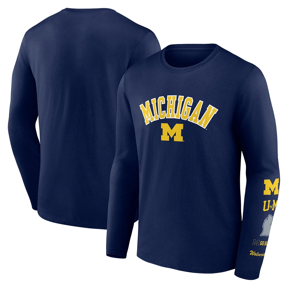 T-shirt à manches longues avec badge Fanatics Navy Michigan Wolverines pour hommes