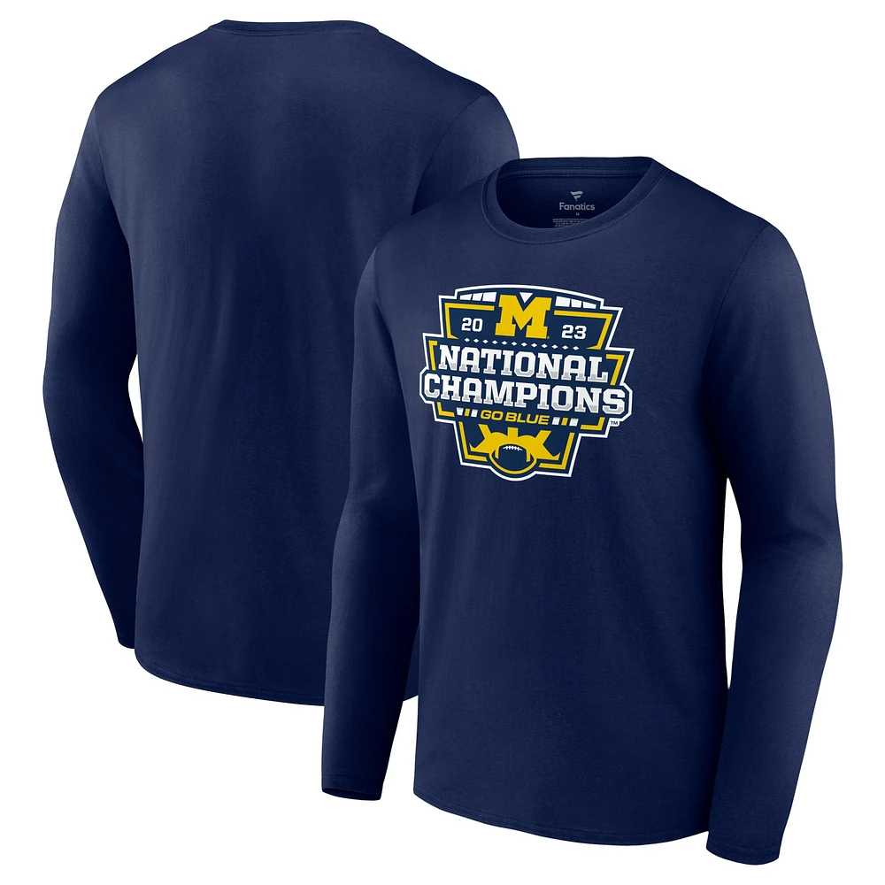 Men's Fanatics Navy Michigan Wolverines College Football Playoff 2023 National Champions Logo Long Sleeve T-Shirt