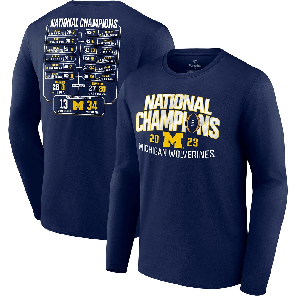 T-shirt à manches longues pour hommes Fanatics Navy Michigan Wolverines College Football Playoff 2023 Calendrier des champions nationaux