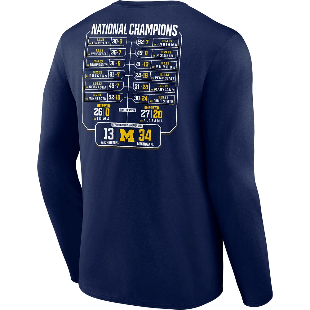 Men's Fanatics Navy Michigan Wolverines College Football Playoff 2023 National Champions Schedule Long Sleeve T-Shirt