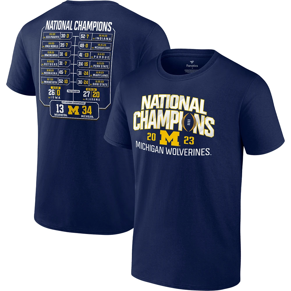 T-shirt du calendrier des champions nationaux Fanatics Navy Michigan Wolverines College Football Playoff 2023 pour hommes