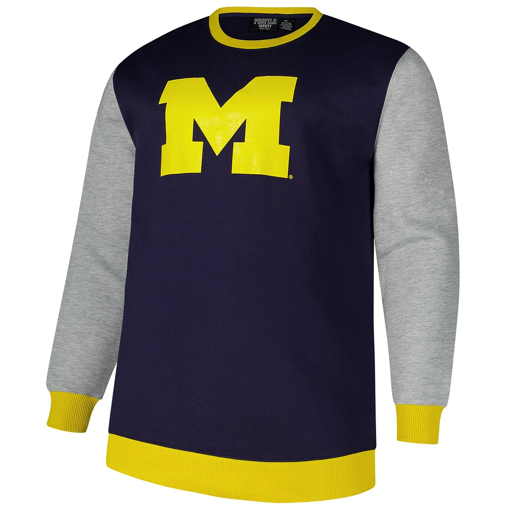 Men's Fanatics  Navy Michigan Wolverines Contrast Sleeve Large Chest Big & Tall Pullover Sweatshirt